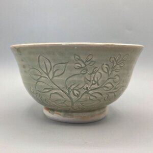 Handcrafted Pottery Wheel Bowl Engraved Botanical Design Green Crackle Glaze